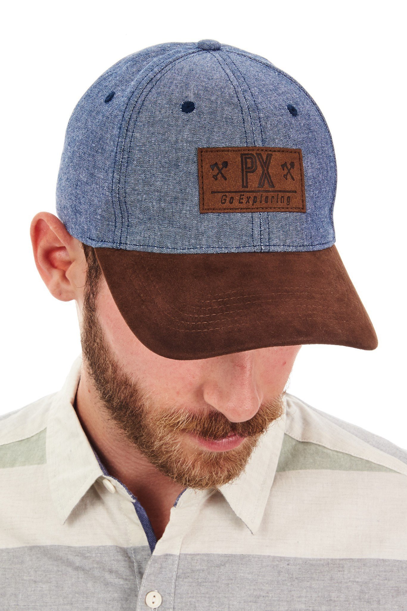 Man wearing "Go Exploring" hat.